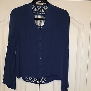Blu Pepper Blue Long Sleeve Blouse with Asymmetrical Design and Mandarin Collar